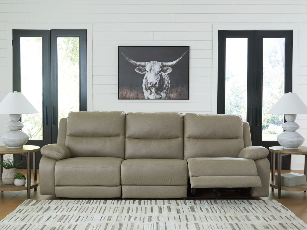 Pebble power reclining sectional sofa with padded arms and three seat cushions