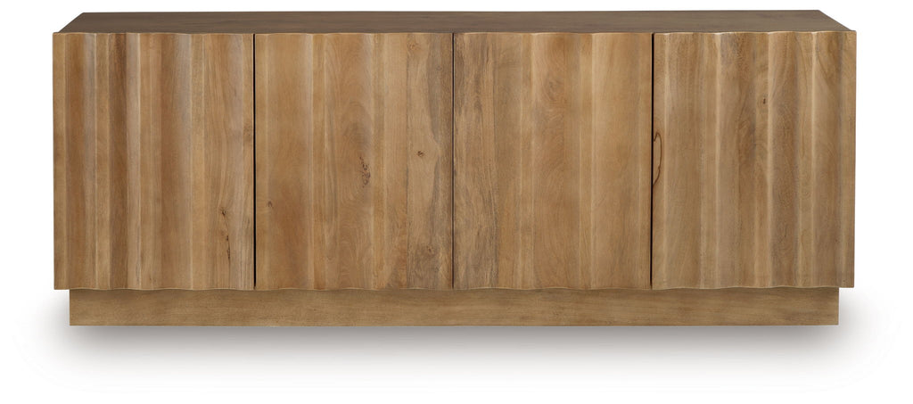 Accent cabinet with panel doors, whitewashed wood finish, long rectangular shape