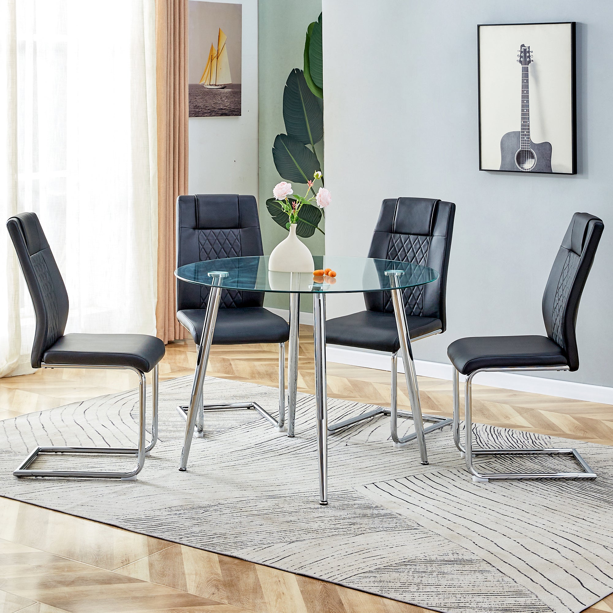 5-Piece Round Dining Table Set w/ 4 Black Chairs