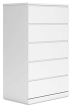 White five-drawer chest with four drawer fronts visible