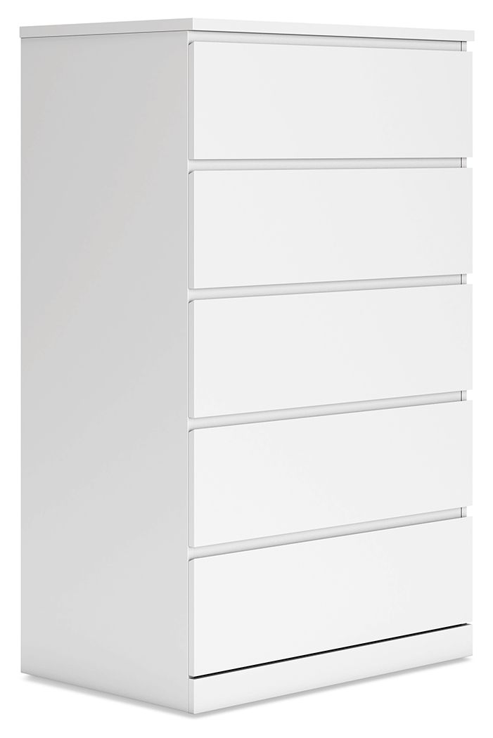 White five-drawer chest with four drawer fronts visible