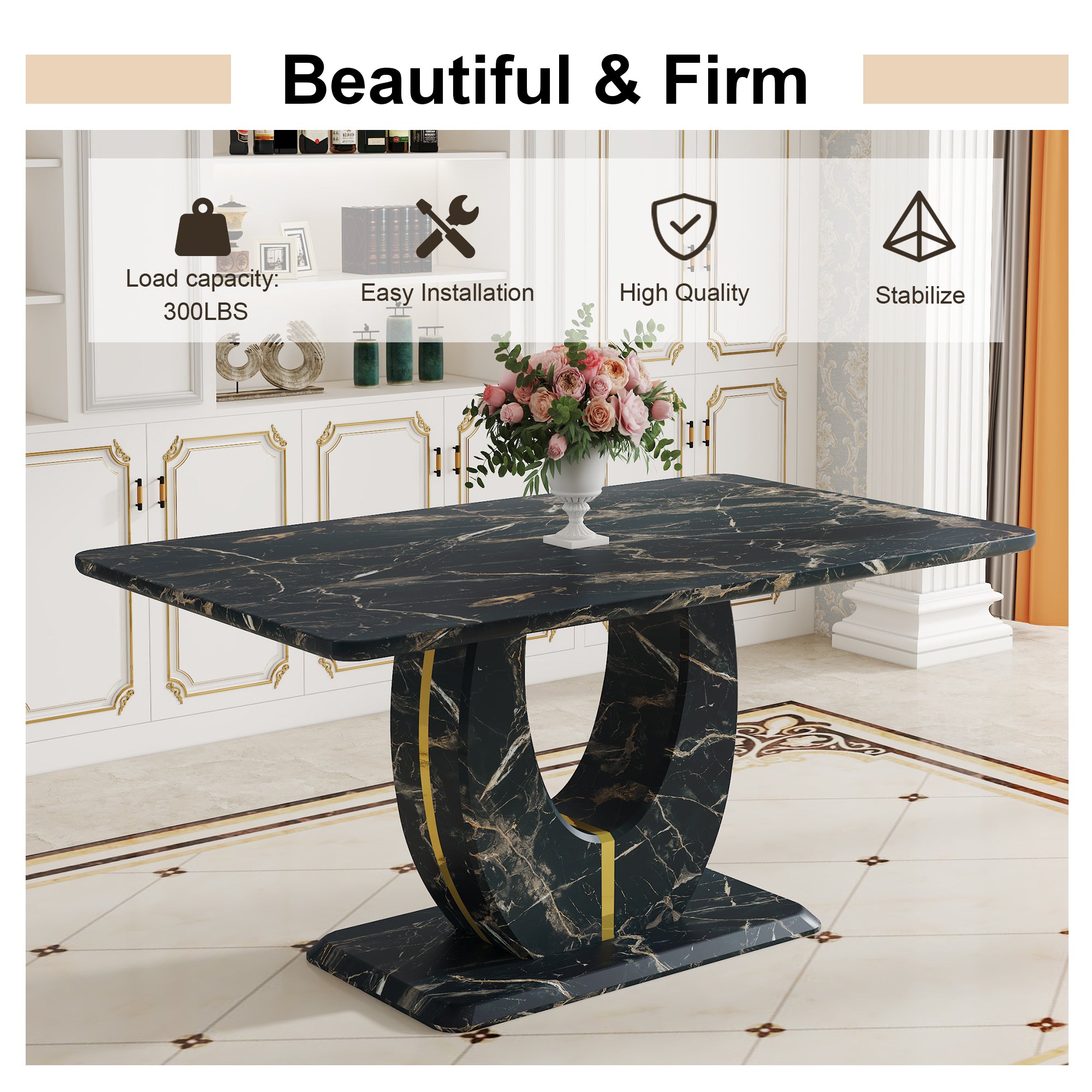Black Marble Dining Set with 4 Chairs
