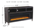 Gray TV console front with wide electric fireplace insert and open storage shelves
