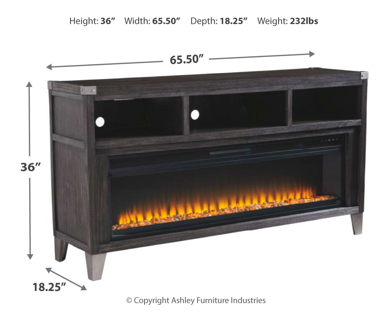 Gray TV console front with wide electric fireplace insert and open storage shelves