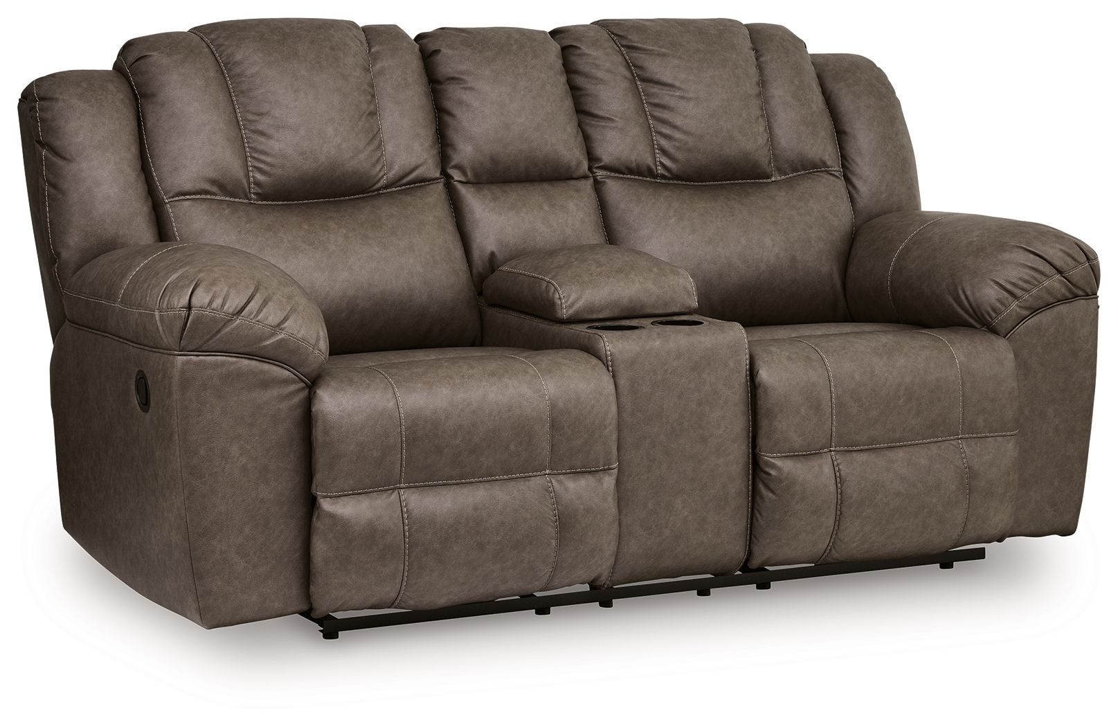 Dark brown fabric double reclining loveseat with tufted back and padded armrests