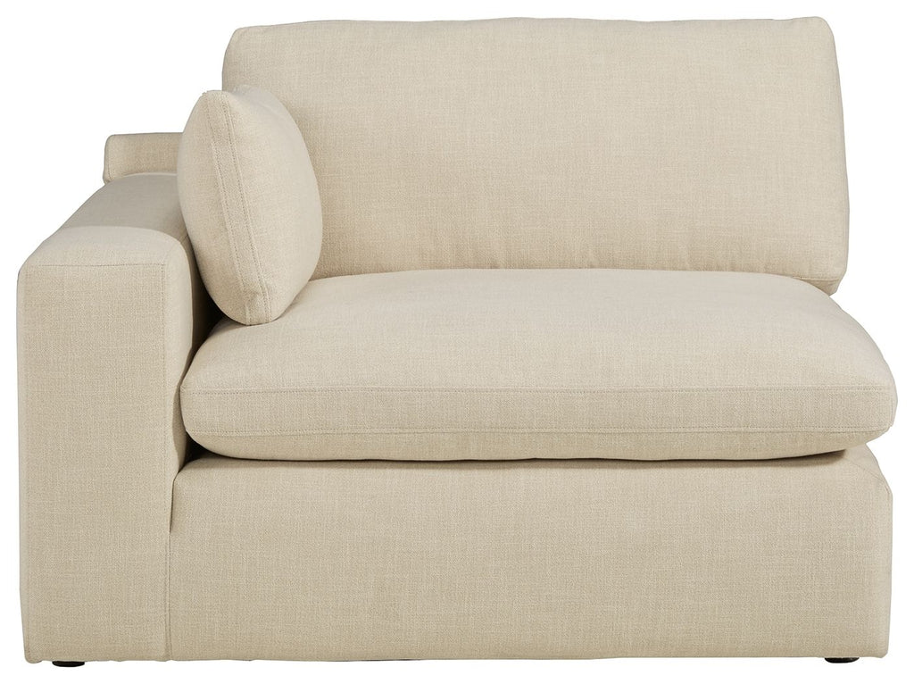 Light beige linen corner chair with tall backrest, rounded arm, and deep seat cushion