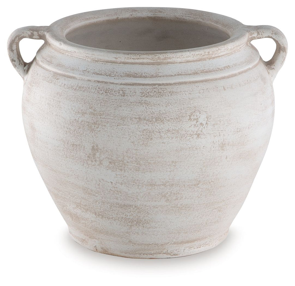 Meadie 9-inch vase, white ceramic with two side handles and curved bands