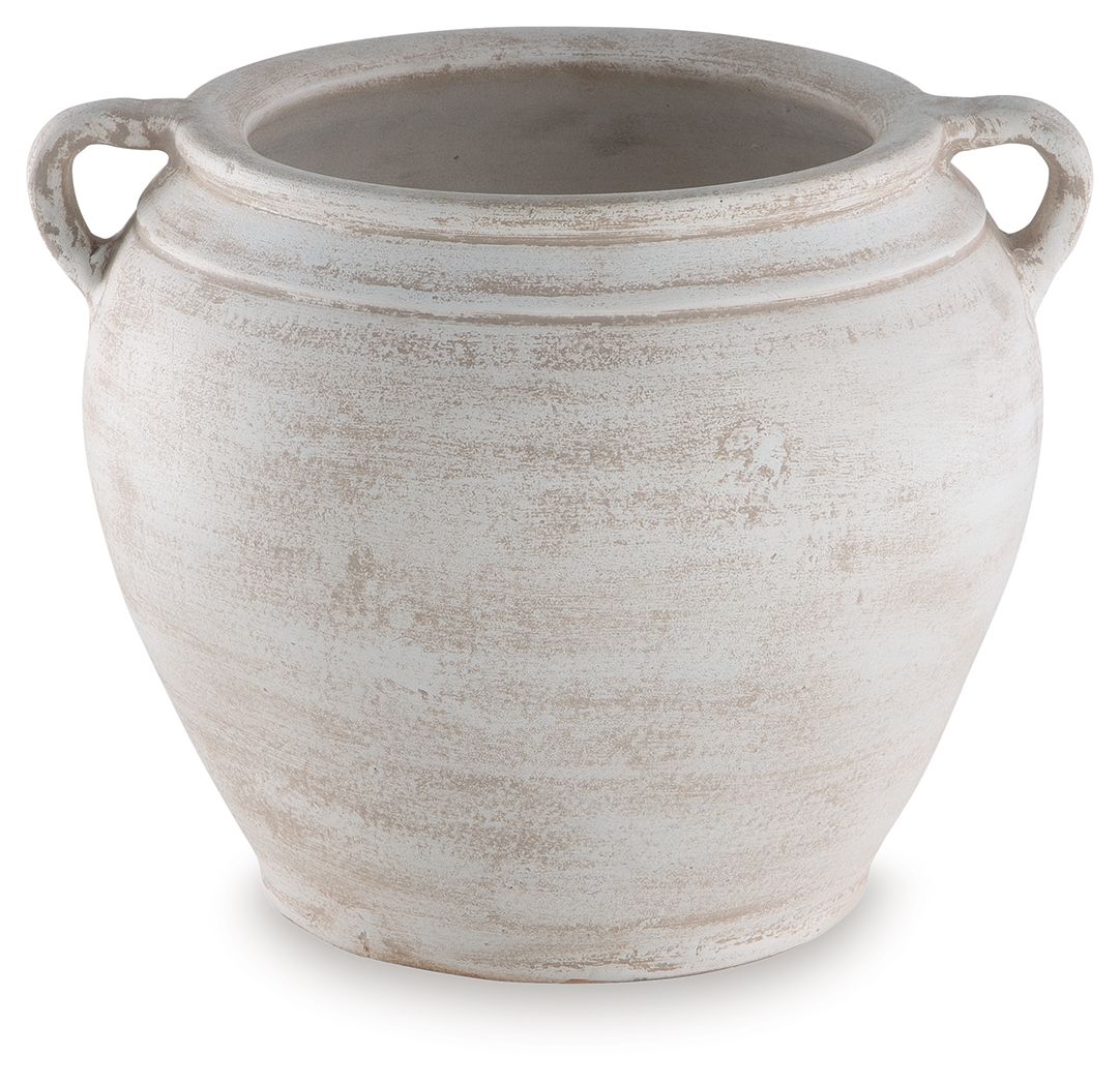 Meadie 9-inch vase, white ceramic with two side handles and curved bands