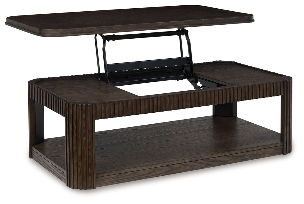 Dark brown rectangular table with slatted sides and open lower shelf; hinged lift top shown.