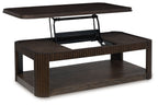 Dark brown rectangular table with slatted sides and open lower shelf; hinged lift top shown.