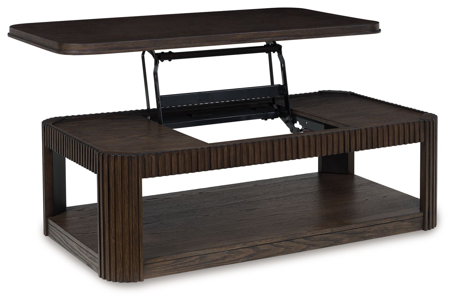 Dark brown rectangular table with slatted sides and open lower shelf; hinged lift top shown.