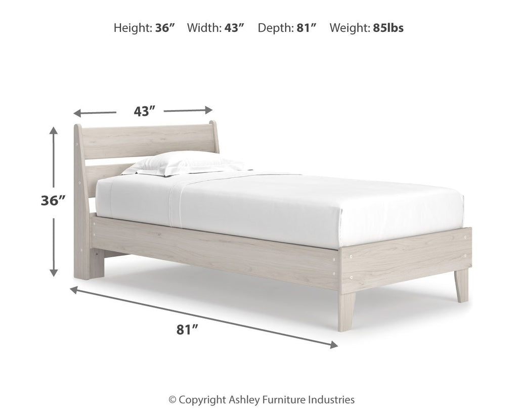 Light wood panel platform bed frame with headboard and footboard