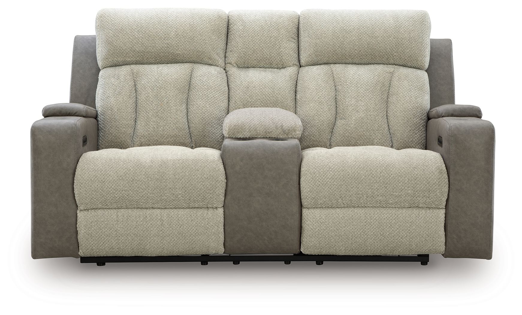 Power reclining loveseat with adjustable headrests, padded seat cushions, light textured fabric