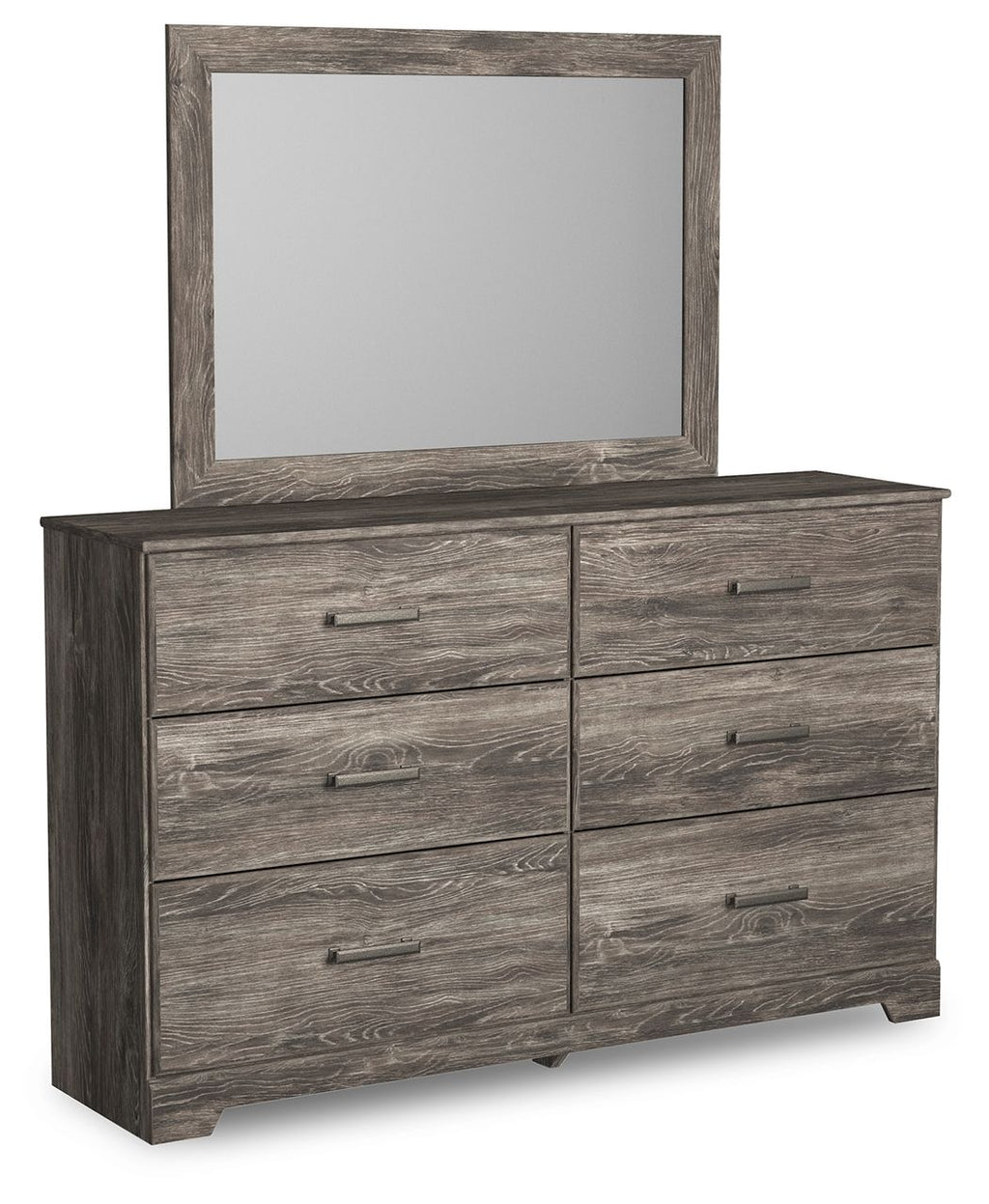 Gray wood dresser with mirror and six drawers, metal bar pulls