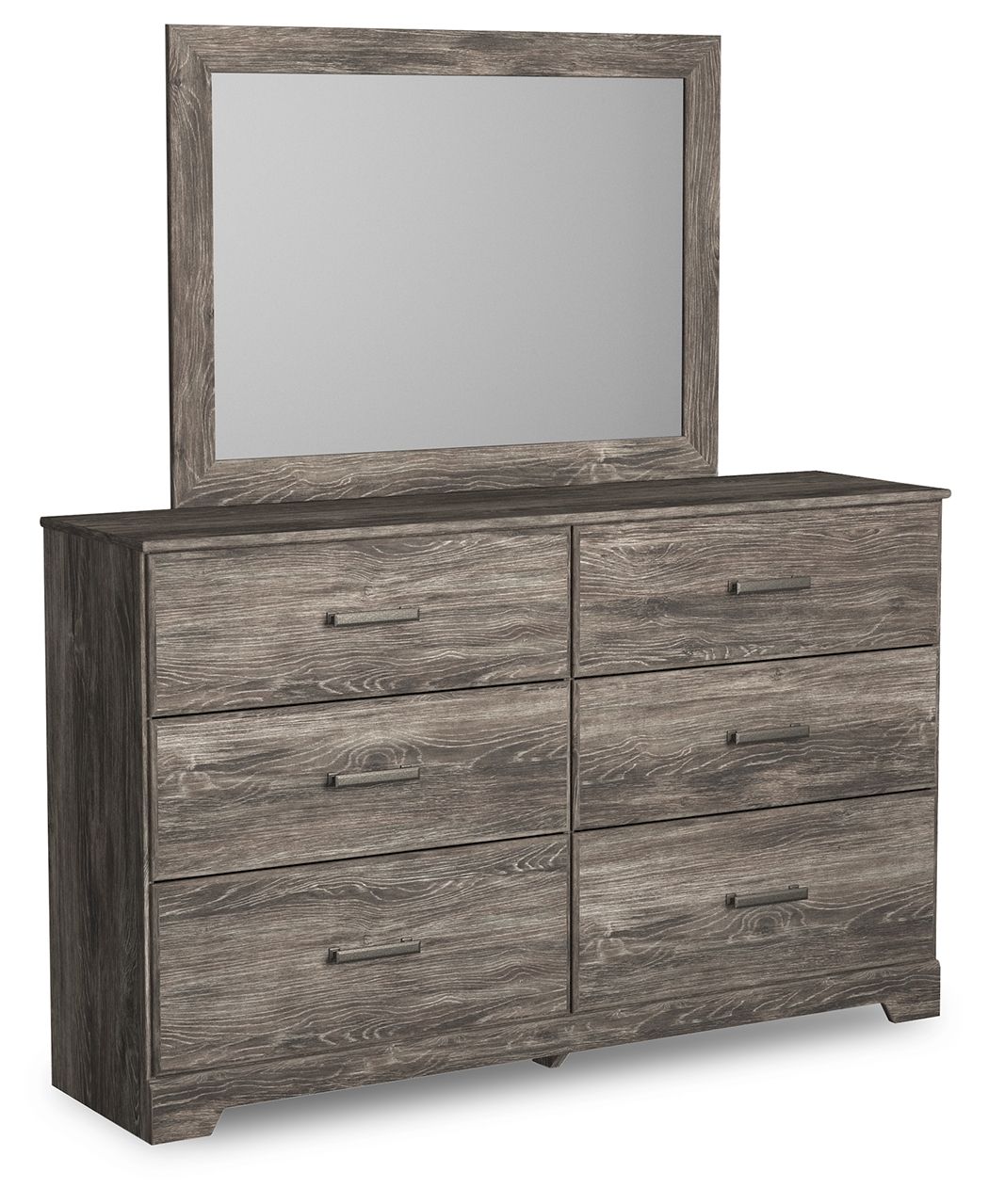 Gray wood dresser with mirror and six drawers, metal bar pulls