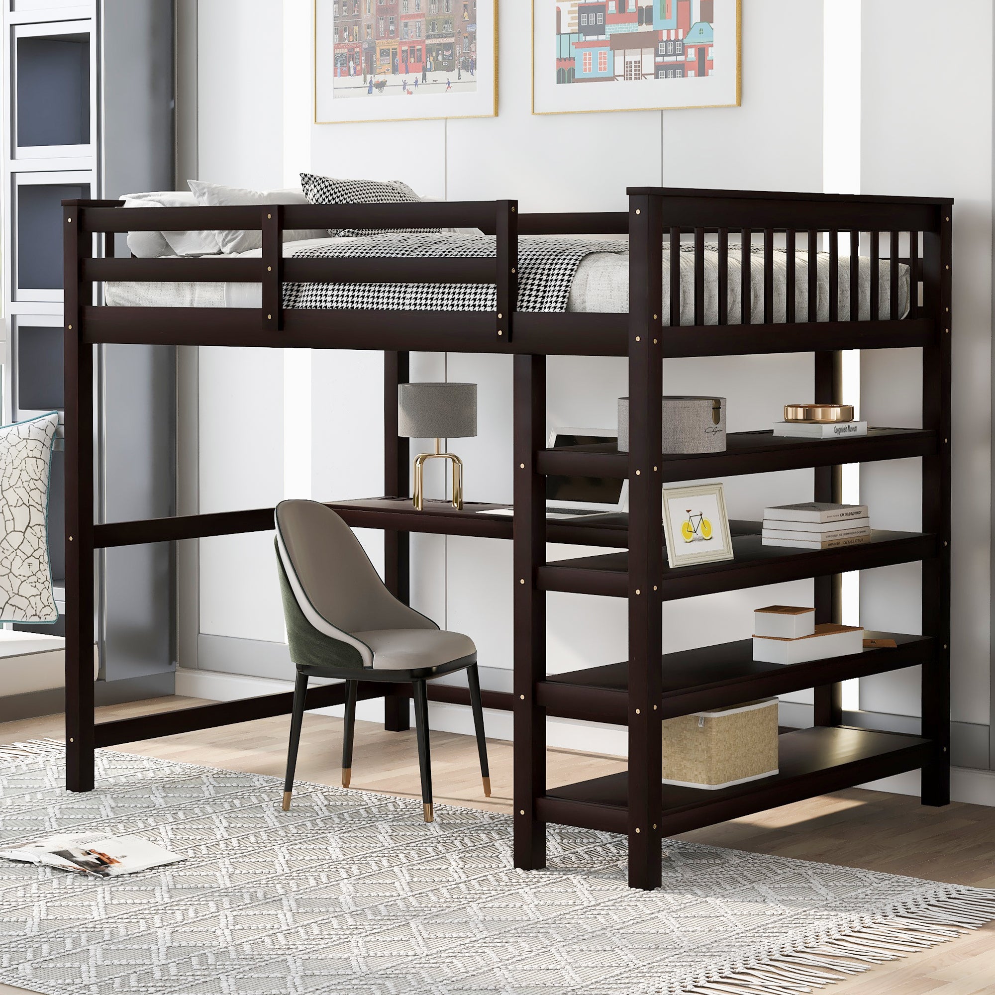Espresso Full Loft Bed w/ Desk & Shelves