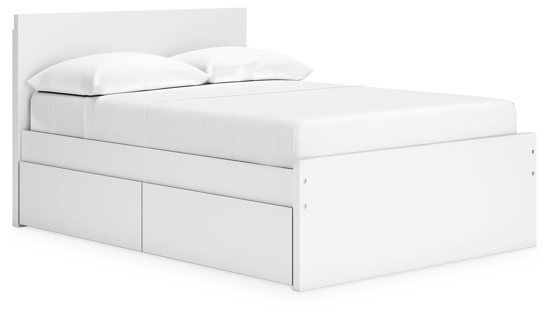 White panel platform bed with two side drawers and cushioned headboard