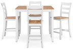 Dining room counter table set with white chairs and light wood tabletop