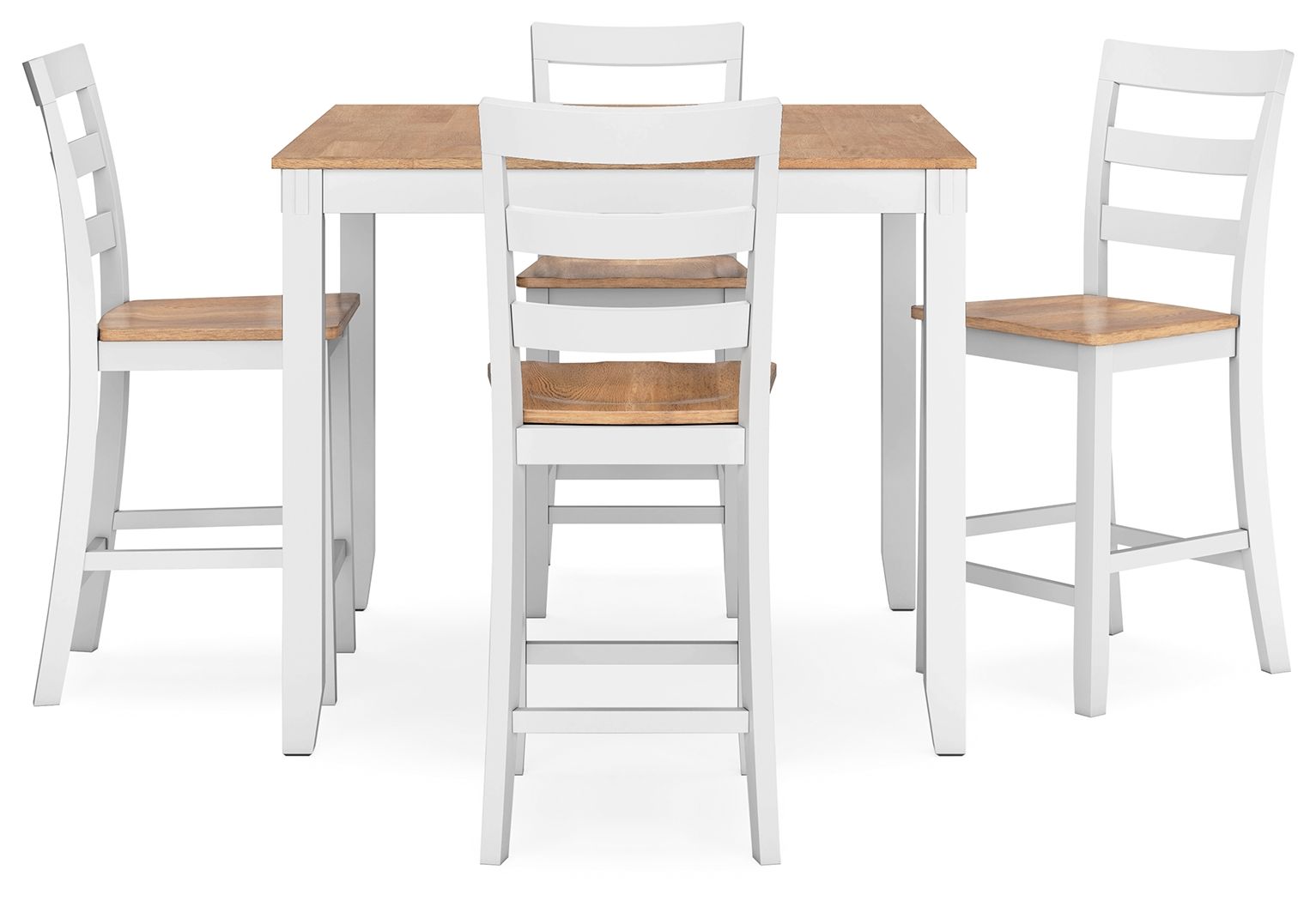 Dining room counter table set with white chairs and light wood tabletop