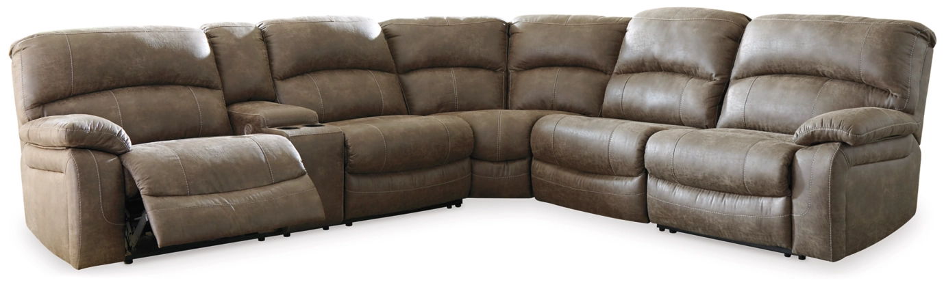 Segburg Driftwood Faux Leather Sectional - Power Reclining Sofa with Console & Cup Holders-Reclining Sectionals-American Furniture Outlet
