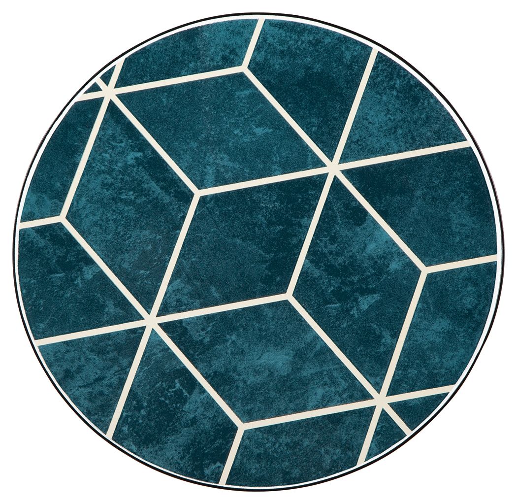 Round teal tabletop with white geometric tile pattern and dark edge trim