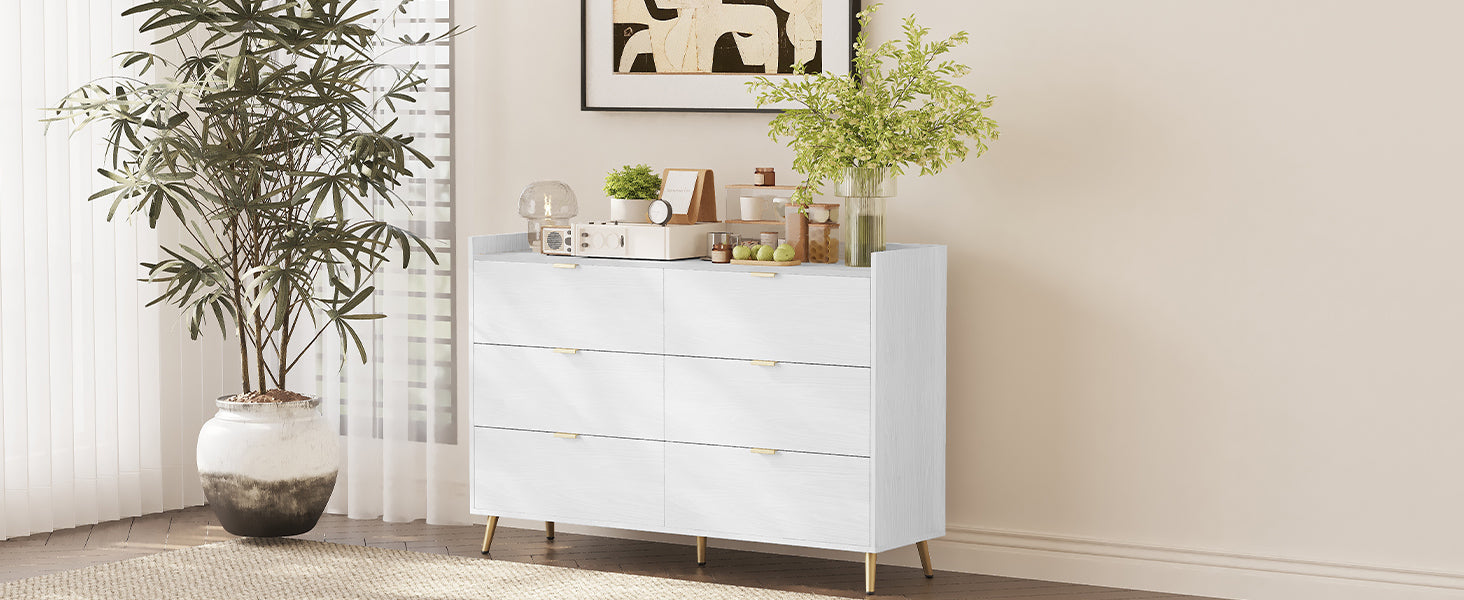 55" White Dresser with Marbling Top & Metal Legs