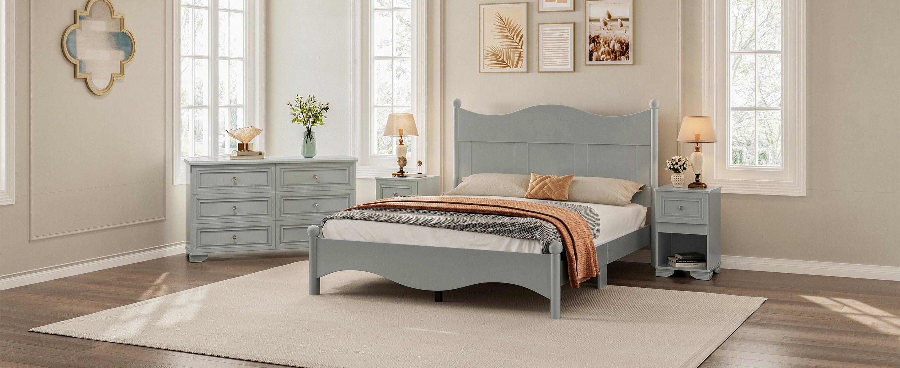 Retro Bedroom Set - Queen Bed, Nightstand, Dresser