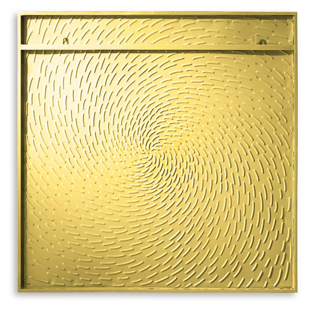 Gold square wall art panel with embossed concentric spiral ripple texture, metal frame