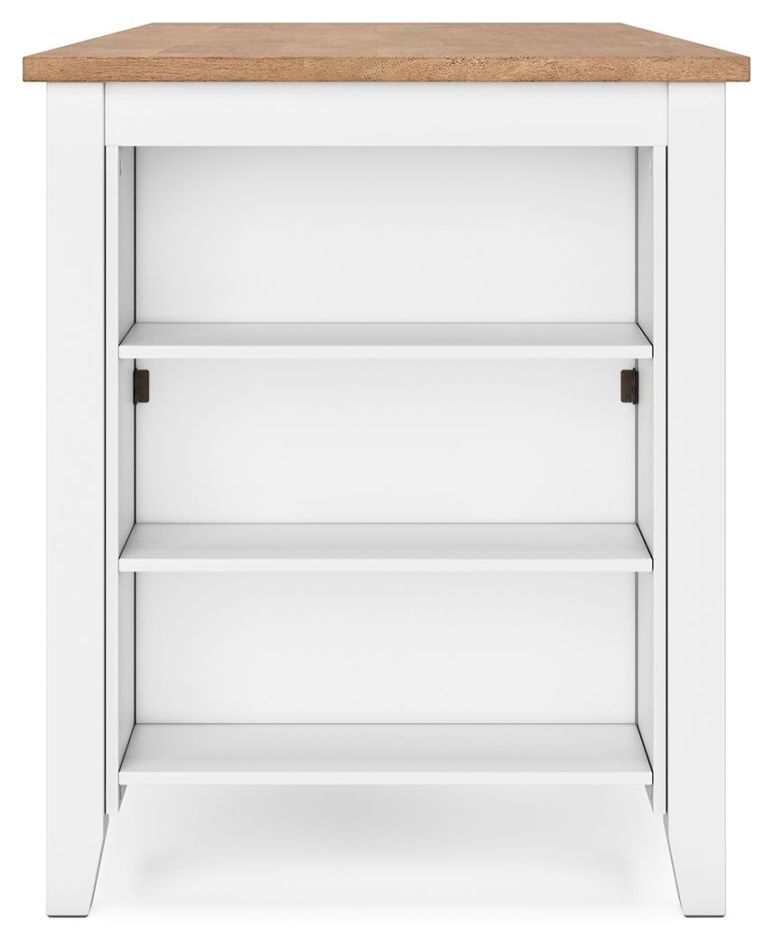 Rectangular dining counter table front with built-in storage shelves and light wood top