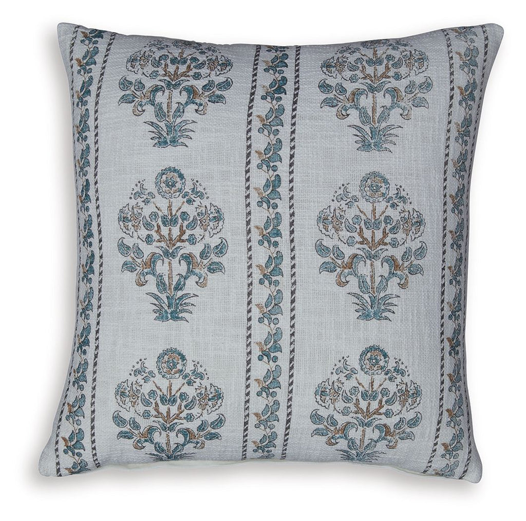 Patterned throw pillow in dark gray with blue floral damask panels and stitched edges