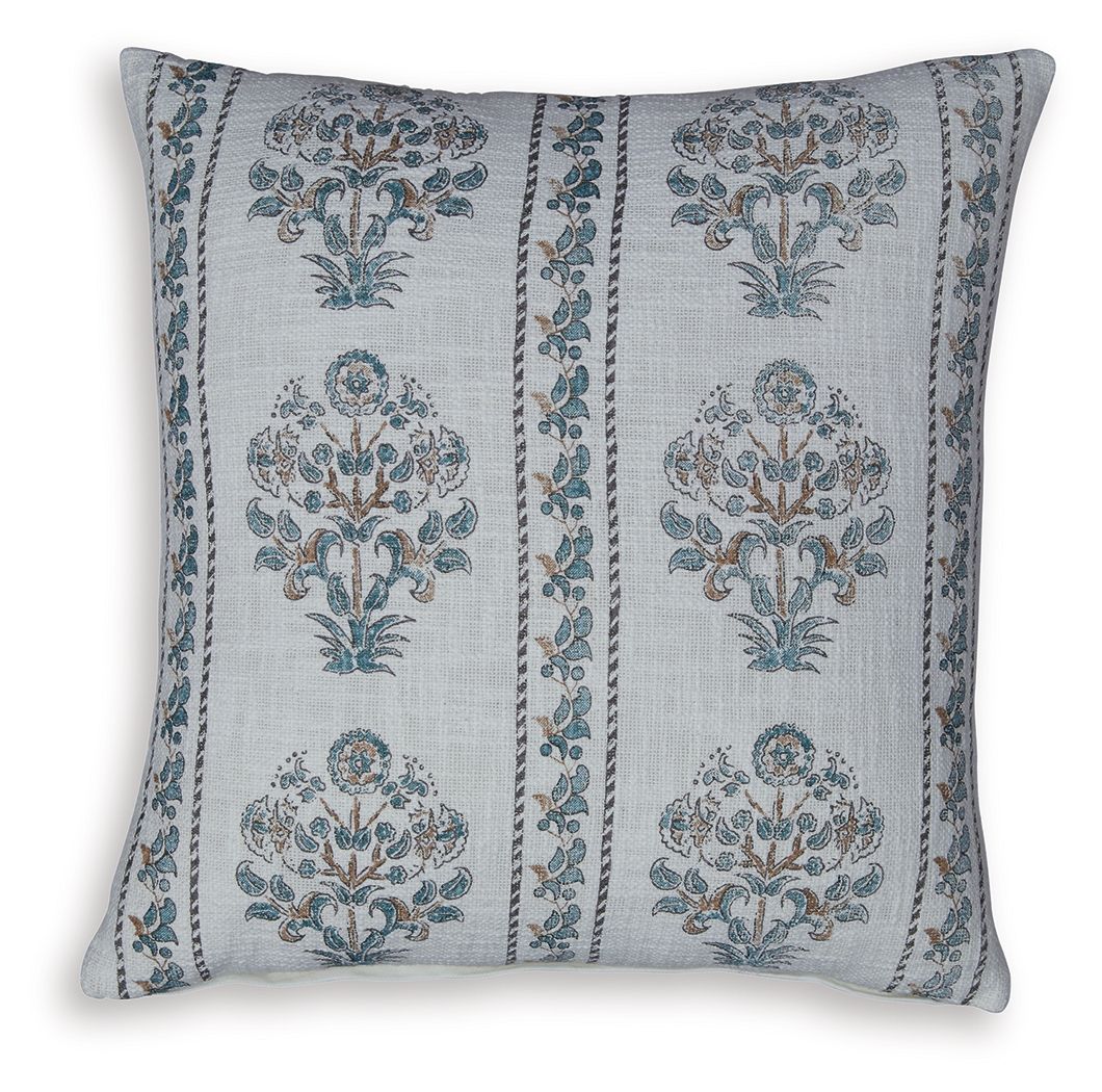Patterned throw pillow in dark gray with blue floral damask panels and stitched edges
