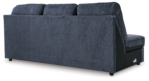 Sofa chaise sectional in dark cobalt fabric, armless back panel and visible seat cushion