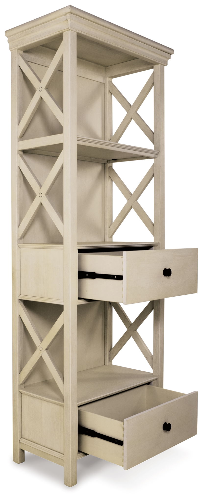 Antique white display cabinet with open shelves and two drawers, side view