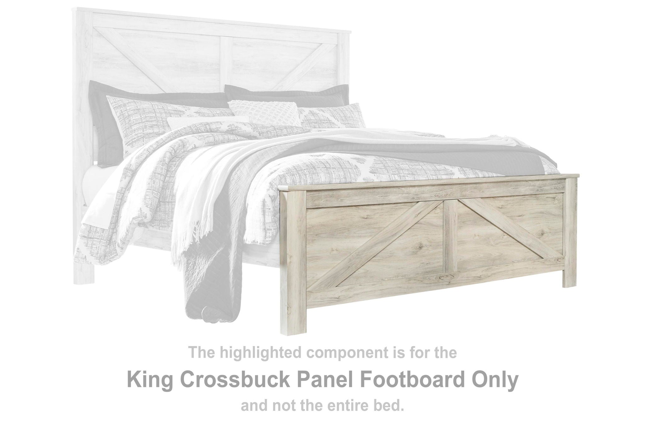 Whitewash crossbuck panel wood bed footboard with rails