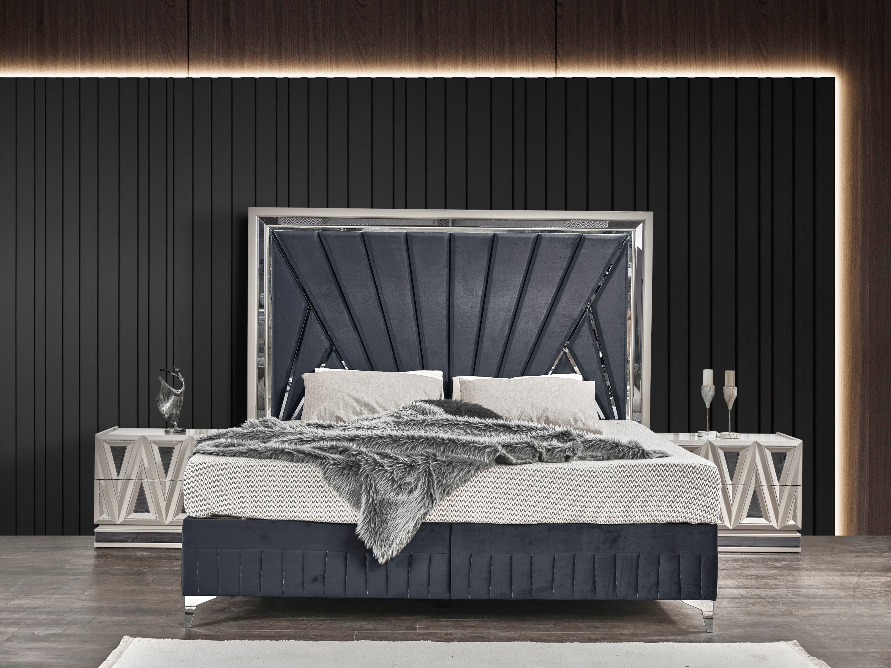 Lavita King Upholstered Bed - Modern Wood & Gold Accents, Midnight Grey