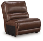 Dark brown leather-look armless chair with padded seat, back, and side panels.