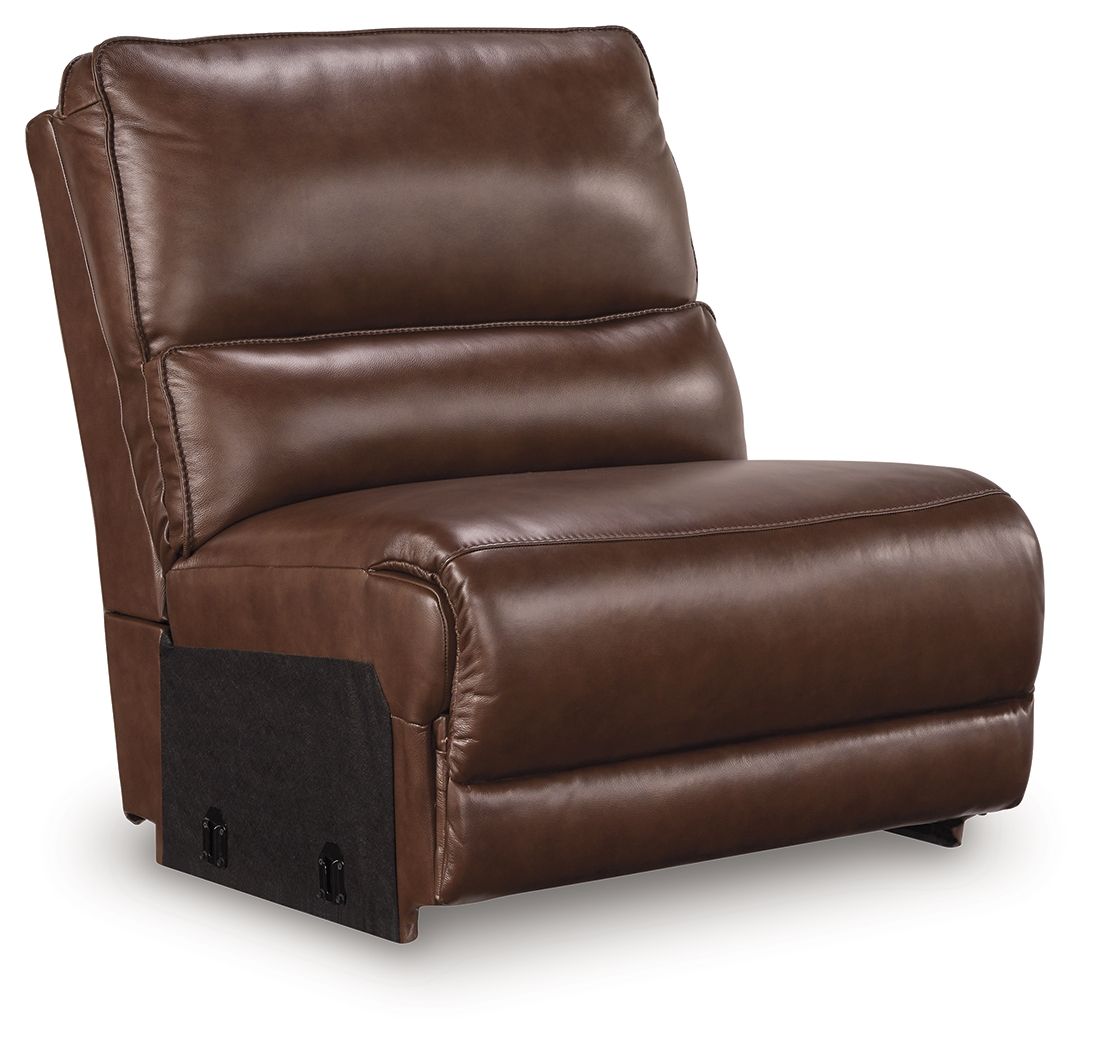 Dark brown leather-look armless chair with padded seat, back, and side panels.