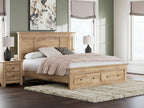 Light brown wood panel storage bed with slatted base and front drawer storage