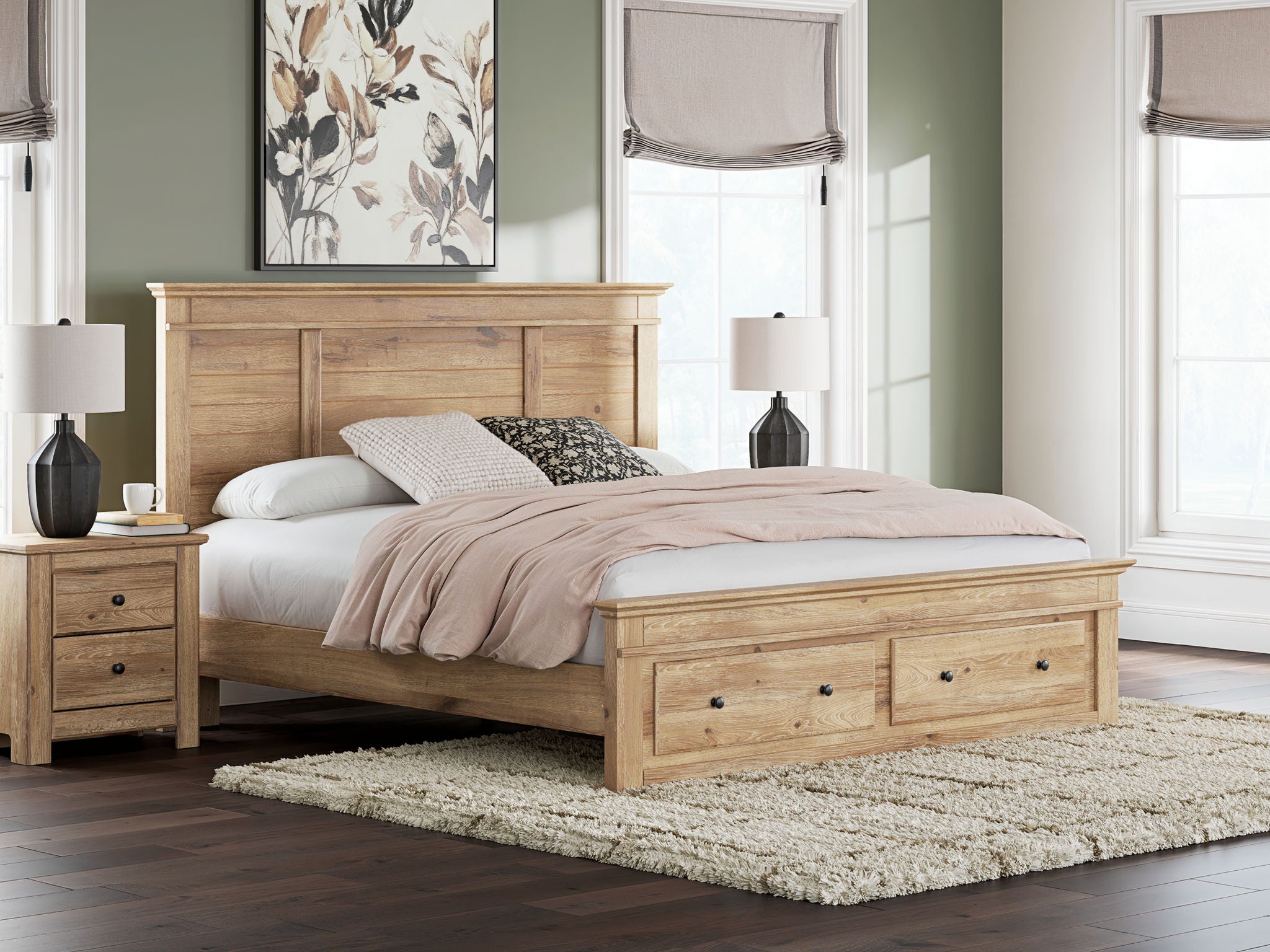 Light brown wood panel storage bed with slatted base and front drawer storage
