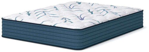 Plush mattress with white cover and light blue line pattern, dark blue sides