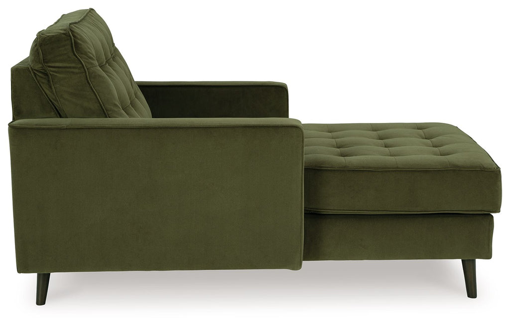 Olive chaise lounge with tufted seat cushions and backrest, dark tapered legs