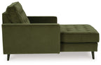 Olive chaise lounge with tufted seat cushions and backrest, dark tapered legs