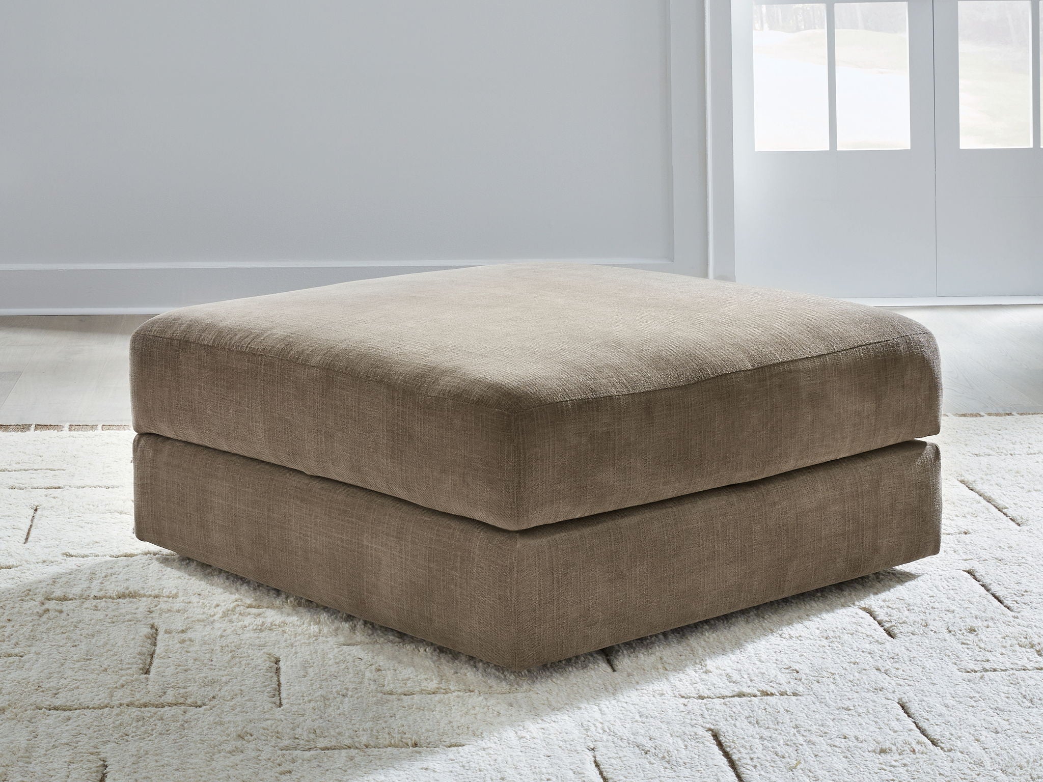 Fabric storage ottoman with padded lid, low square profile