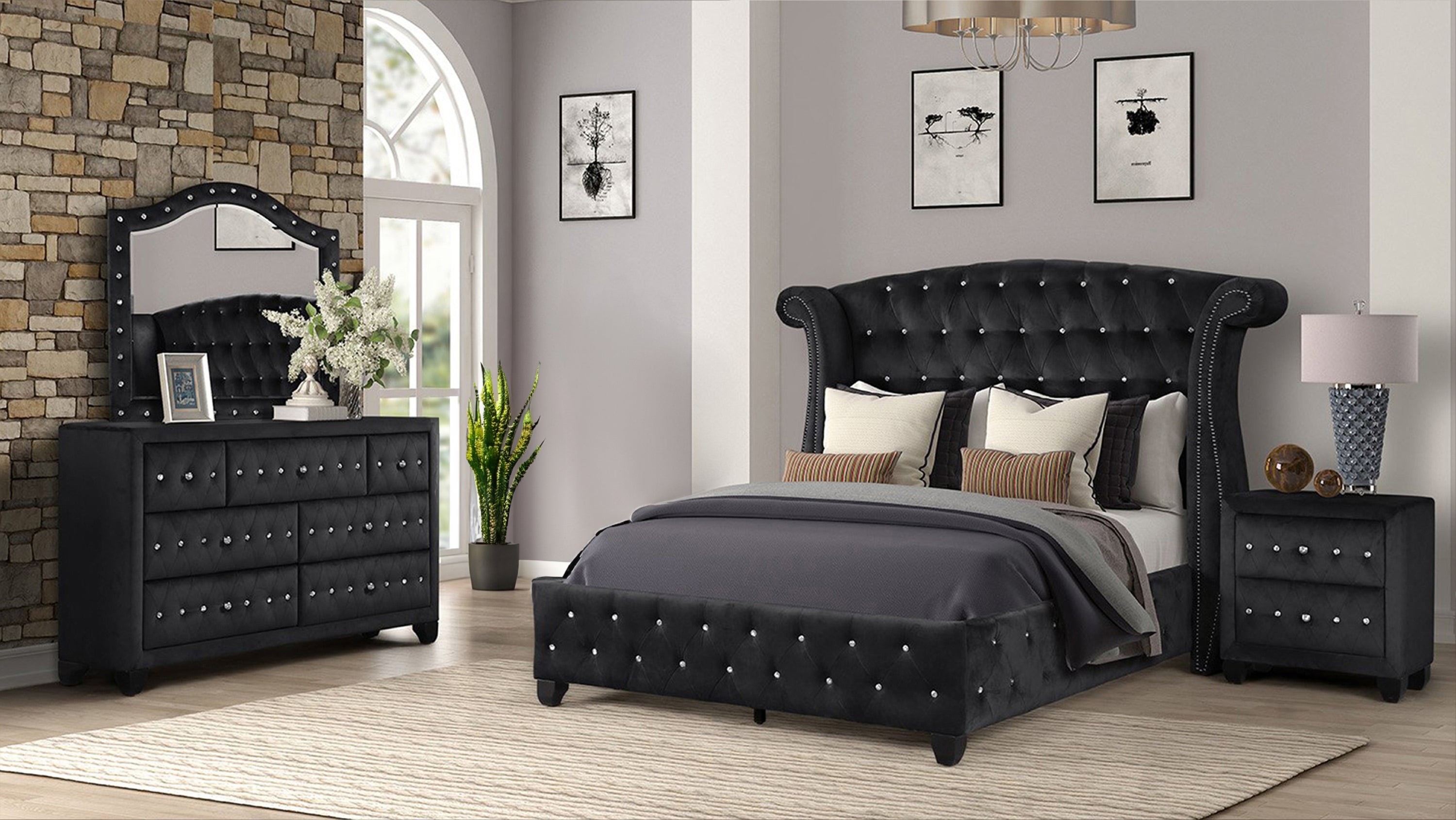 Black Wood Queen 4 Pc Upholstered Bedroom Set