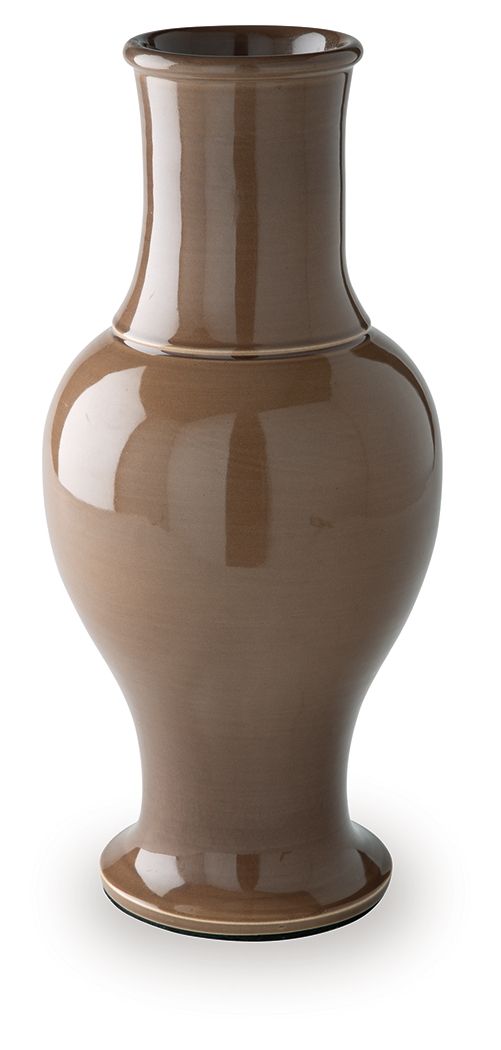 Brown ceramic vase with glossy finish and tapered neck, wide base