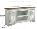 Chipped white TV stand cabinet, 74in wide, 36.25in high, 18.25in deep