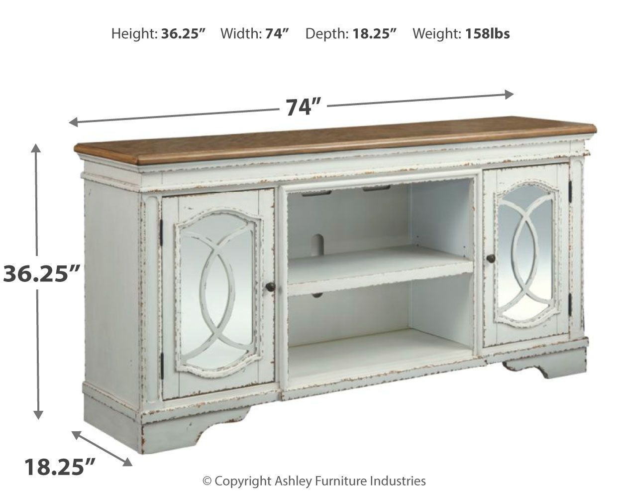 Chipped white TV stand cabinet, 74in wide, 36.25in high, 18.25in deep