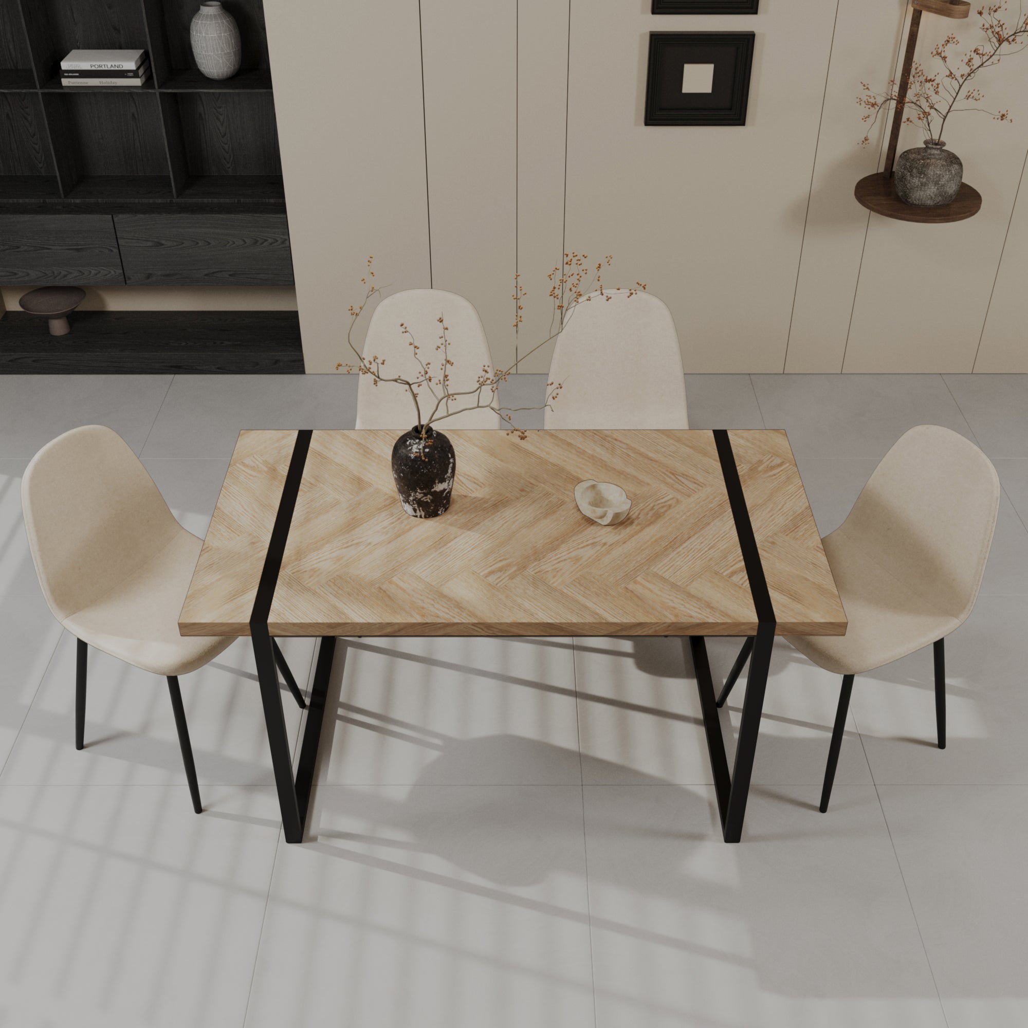 59" Modern Dining Table & 4 Suede Chairs Set