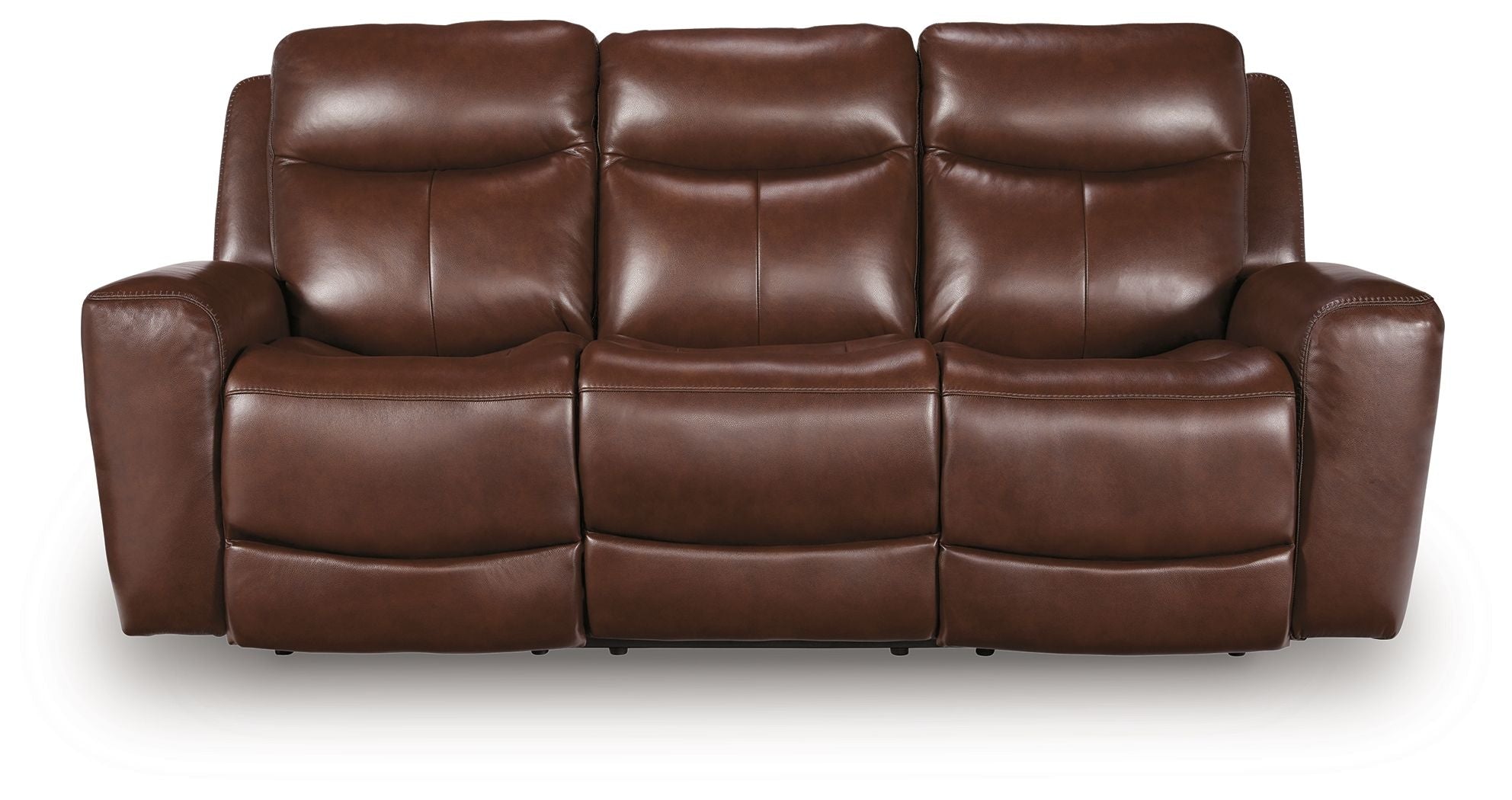 Dark brown power reclining sofa with three seats and adjustable headrests
