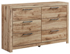 Six-drawer dresser in tan wood with 6 drawers and brushed metal bar handles.